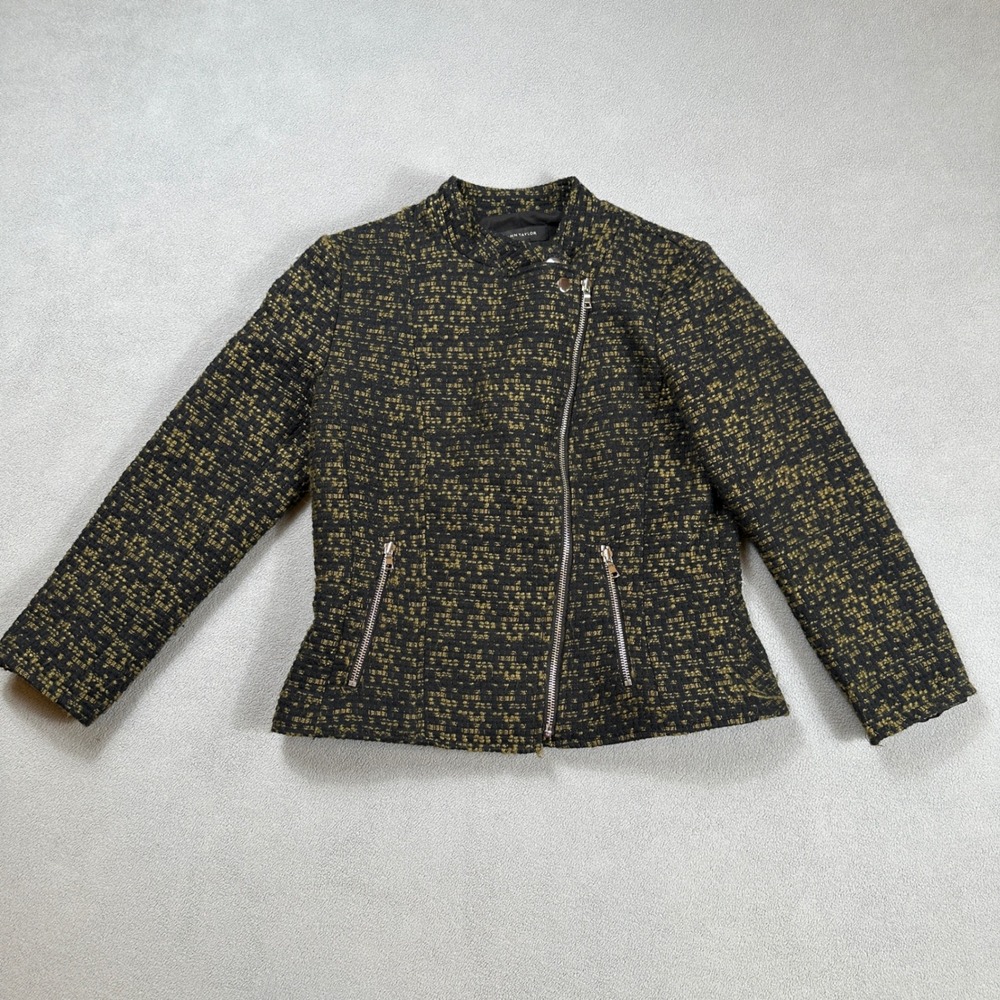 Ann Taylor Tweed Moto Jacket Blazer Women 4 Black Gold Zipper Embellished Chic